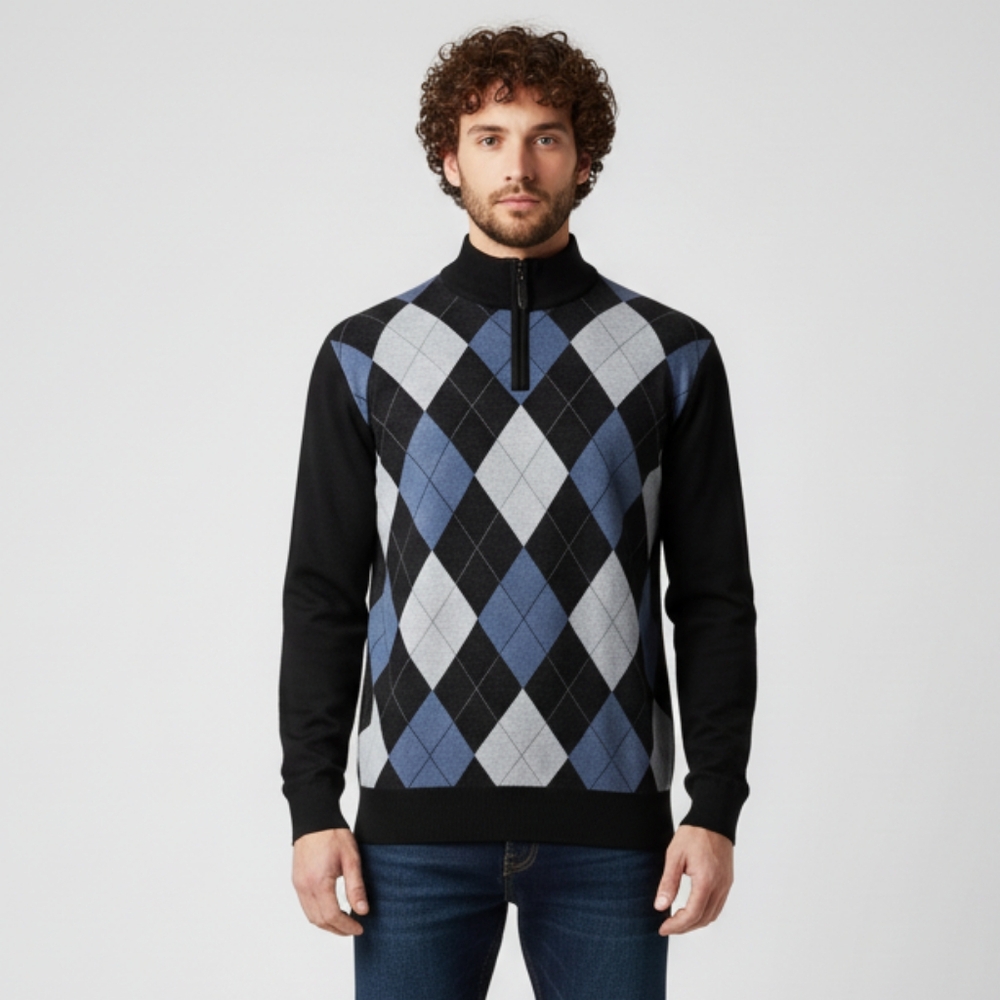 Studio Men's Argyle Black and Blue Quarter Zip Pullover Sweater Size Small EUC